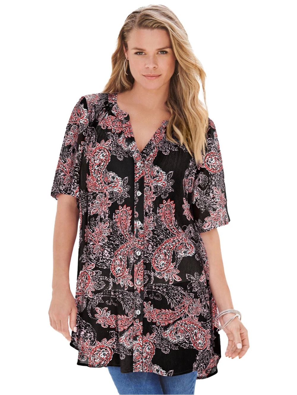 Roamans Tunic Blouse Top BLACK PAISLEY Crinkle Angelina Plus Size 20W
